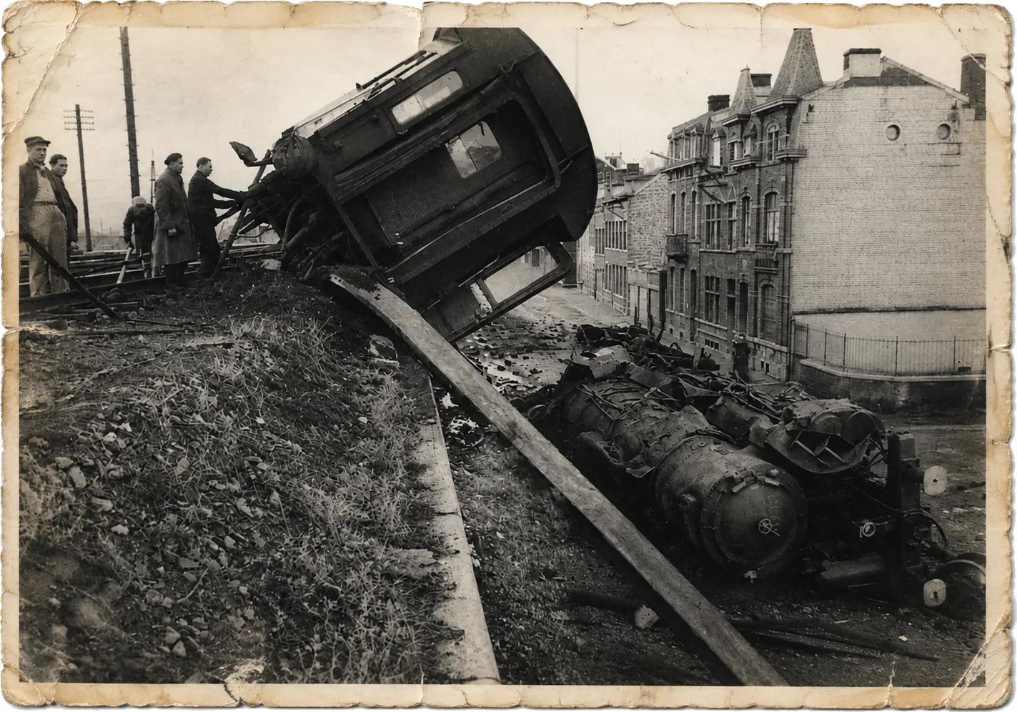 Rue du Val Benoît en 1954 : une caisse de train basculée au bord du remblai, la locomotive renversée en contrebas, devant les maisons de la rue.
